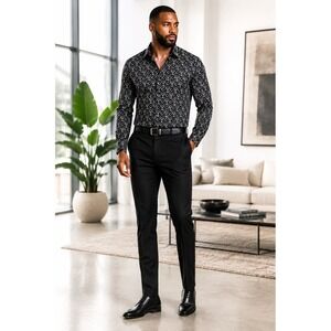 American Breed Men's L Black White Geometric Print Long Sleeve Button Up Shirt